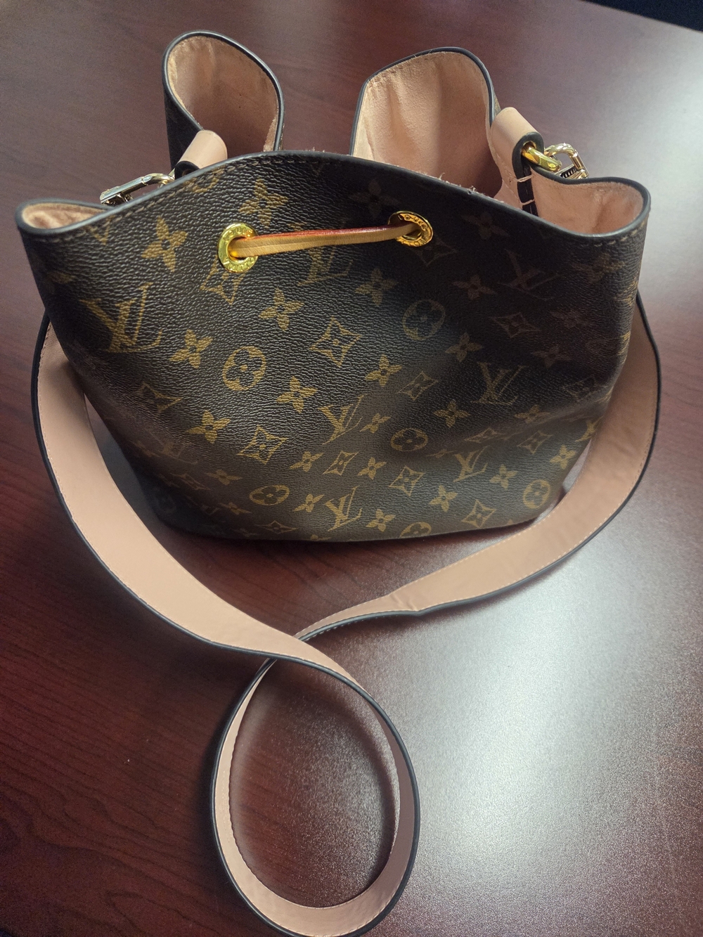 Louis Vuitton Monogram Canvas Bucket Shoulder Bag with Pink Trim